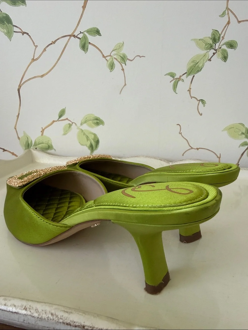 Sam Edelman Green Brit Kitten Satin Mules with Gold Buckle - Size 8.5 - Picture 12 of 14
